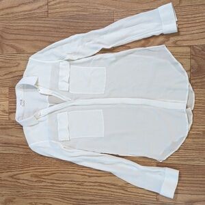 Helmut Lang white sheer gauze button-up crepe shirt, side slits, pockets, size S